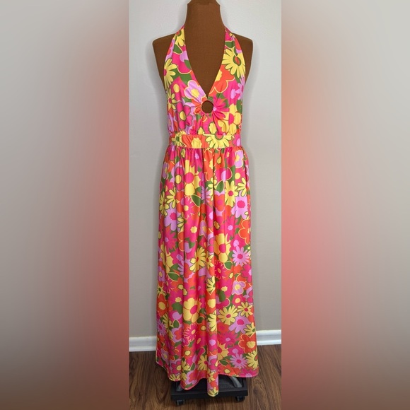 Smak Parlour Floral Halter Maxi Dress Pink Orange Size XL - Picture 1 of 11